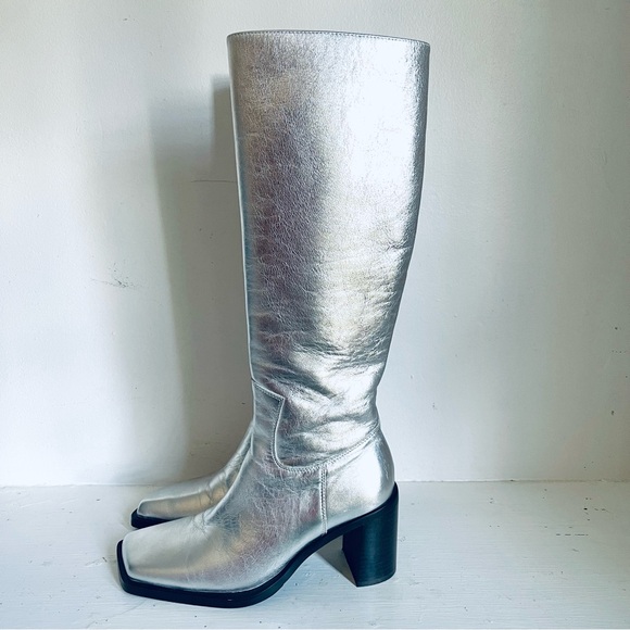 Anthropologie Caverley Oscar Metallic Silver Leather Slim Calf Tall Boot Size 39 - Picture 2 of 16